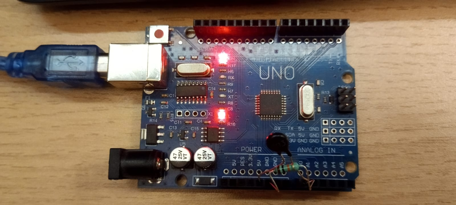 The raw setup. No breadboard, just bare metal twisted straight into the microcontroller headers. Digital brutalism at its finest.