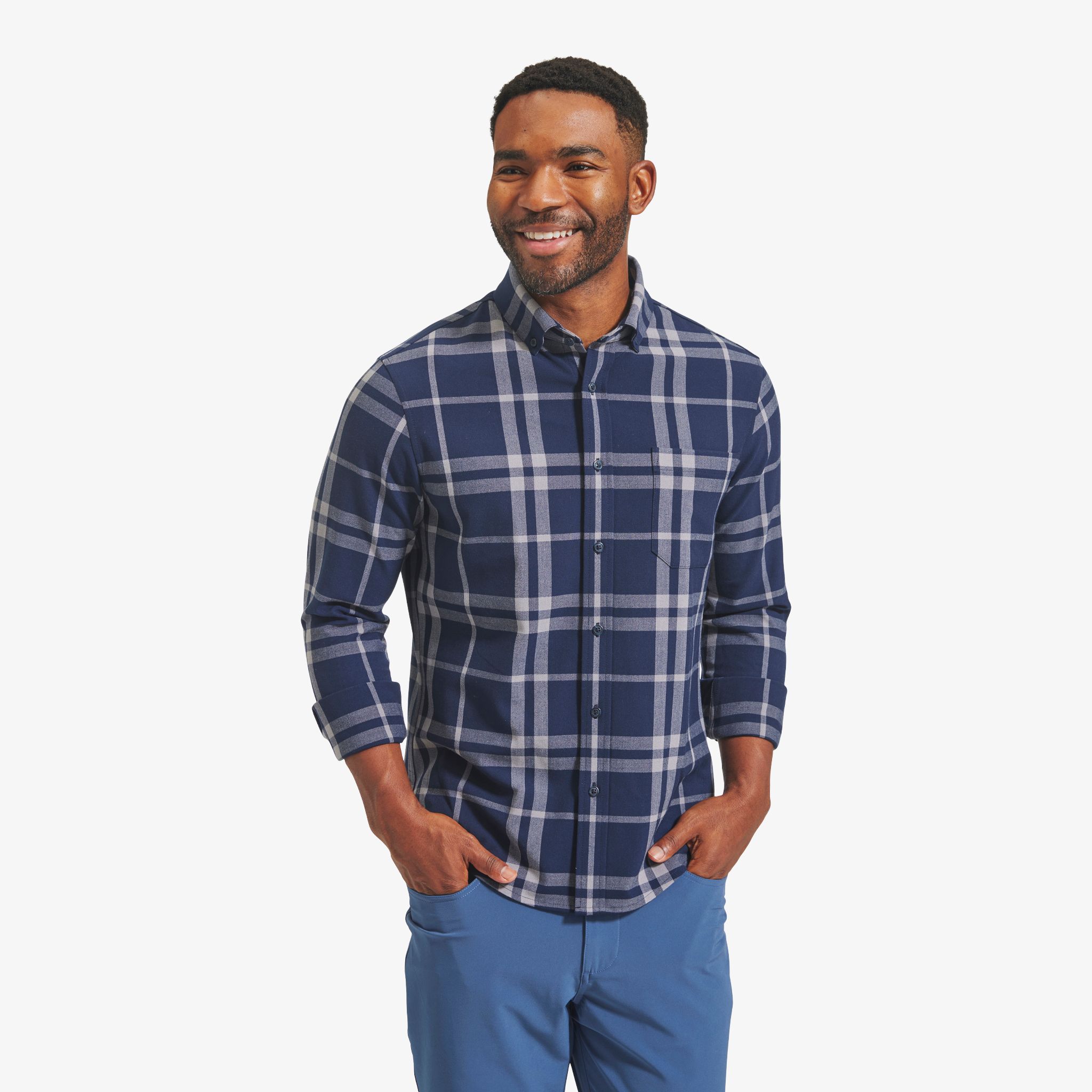 Navy blue plaid hot sale shirt