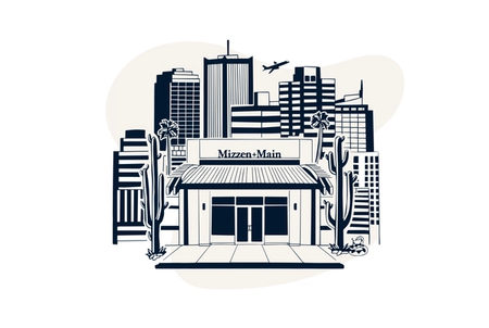 Illustration of the Mizzen+Main Kierland Commons storefront with the Scottsdale skyline and saguaro cacti