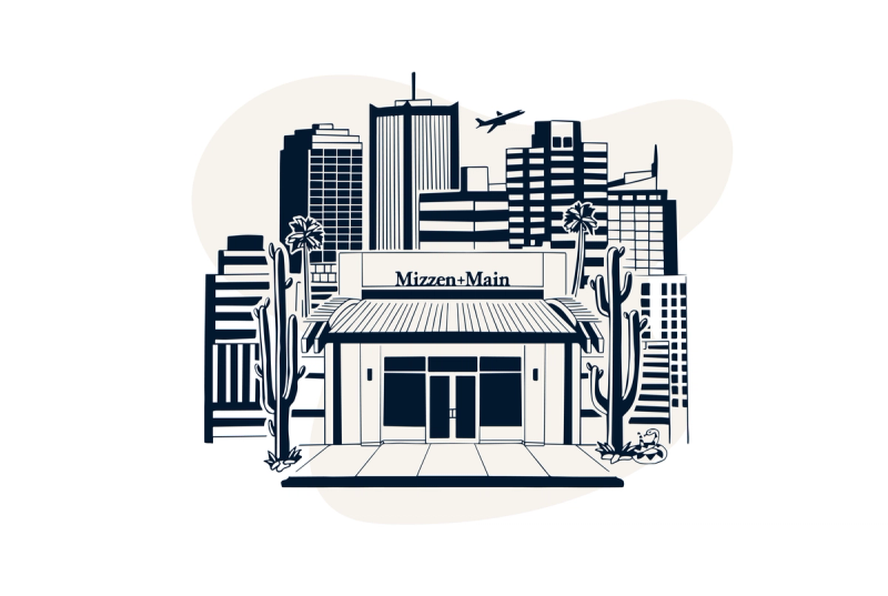 Illustration of the Mizzen+Main Kierland Commons storefront with the Scottsdale skyline and saguaro cacti