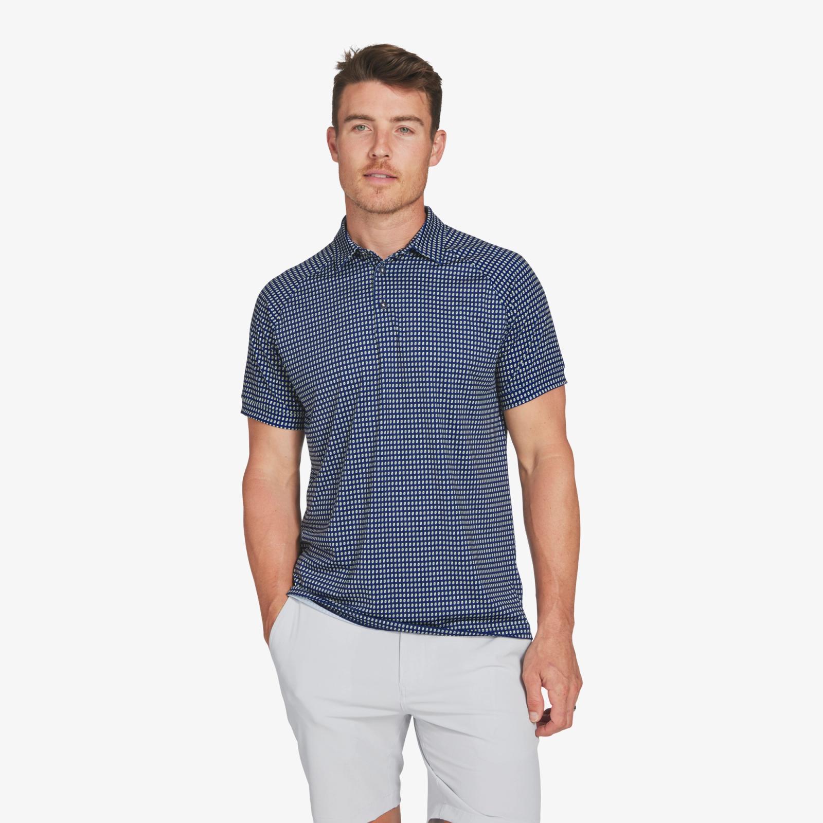 Navy Yellow Mini Square Print Versa Polo - Mizzen+Main