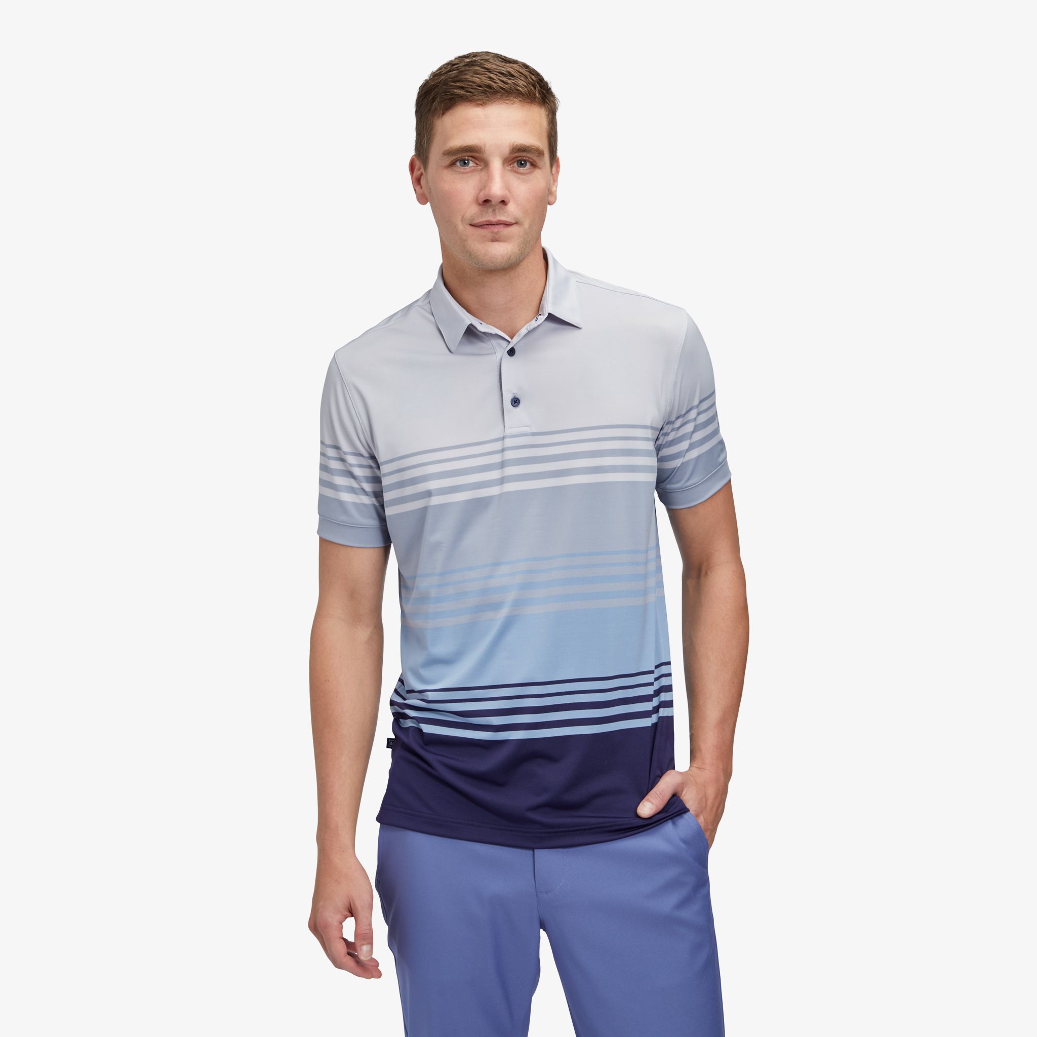 Gray Navy Engineered Stripe Performance Polo - Mizzen+Main