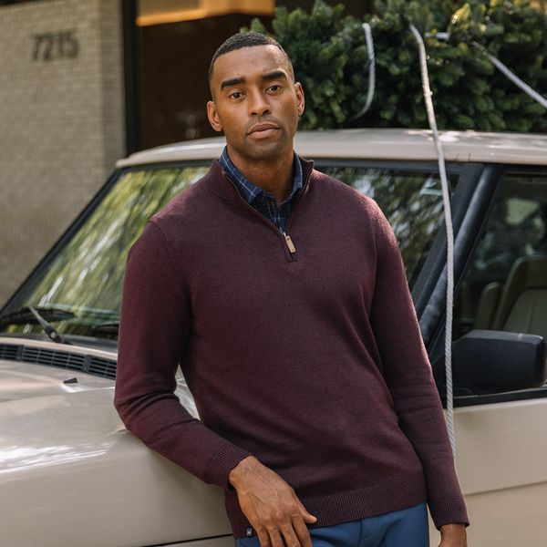 A model, wearing Mizzen+Main clothing.