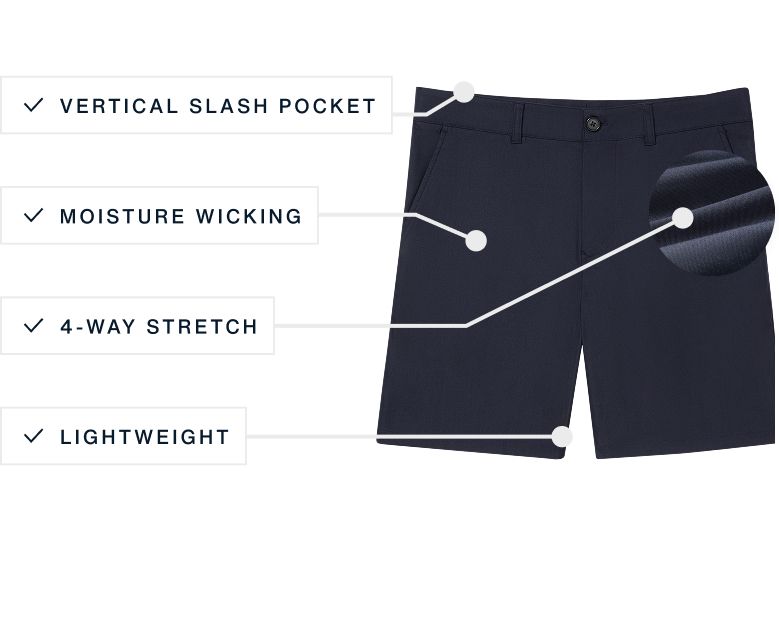 A flat lay of our Ashe The Prescott Short highlighting its features.