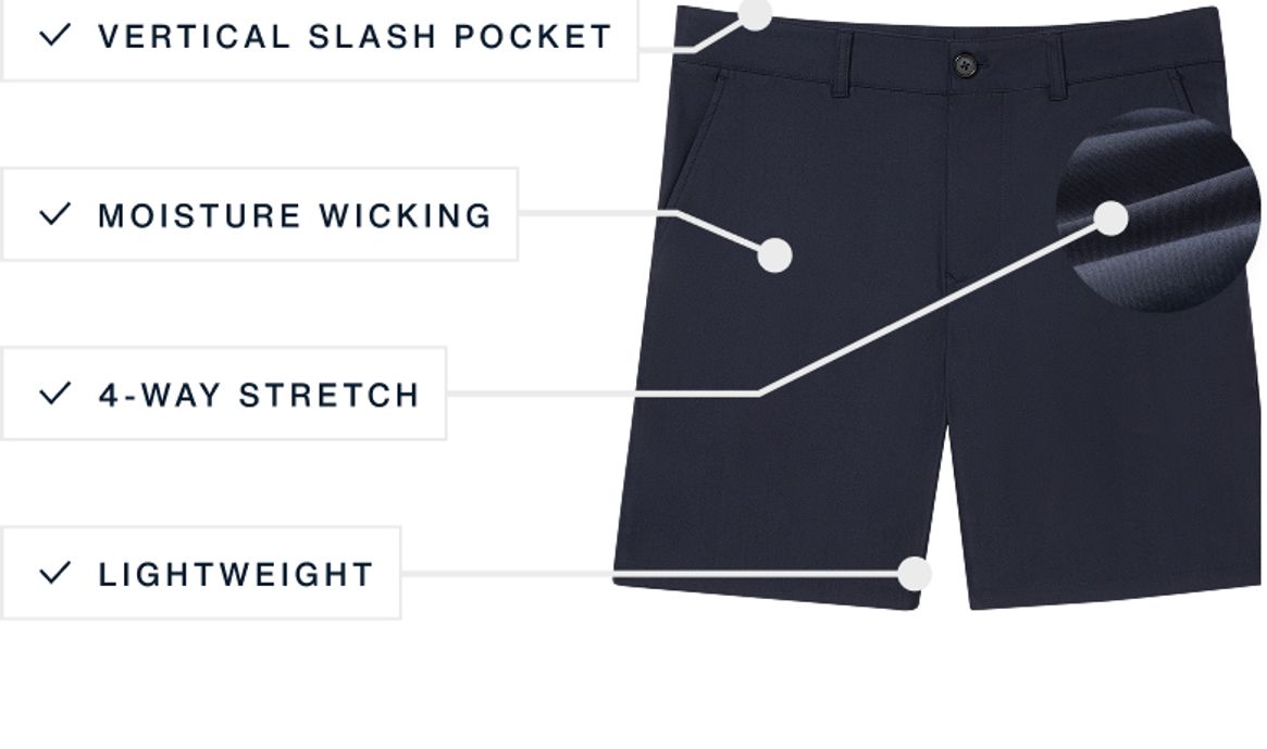 A flat lay of our Ashe The Prescott Short highlighting its features.