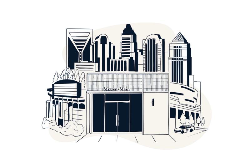 Illustrated sketch of the Mizzen+Main SouthPark storefront against the Charlotte skyline
