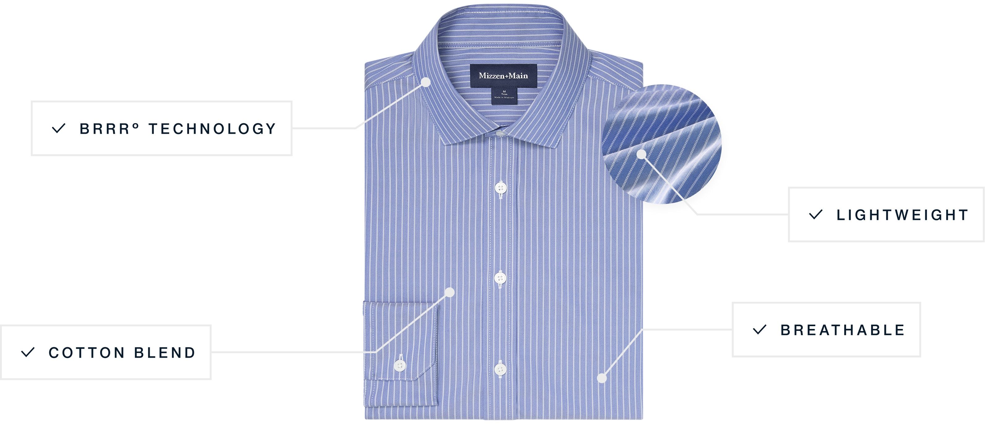 A flat lay of our Hilton Dress Shirt highlighting its wrinkle-resistant technology, subtle twill weave, and stretch component.