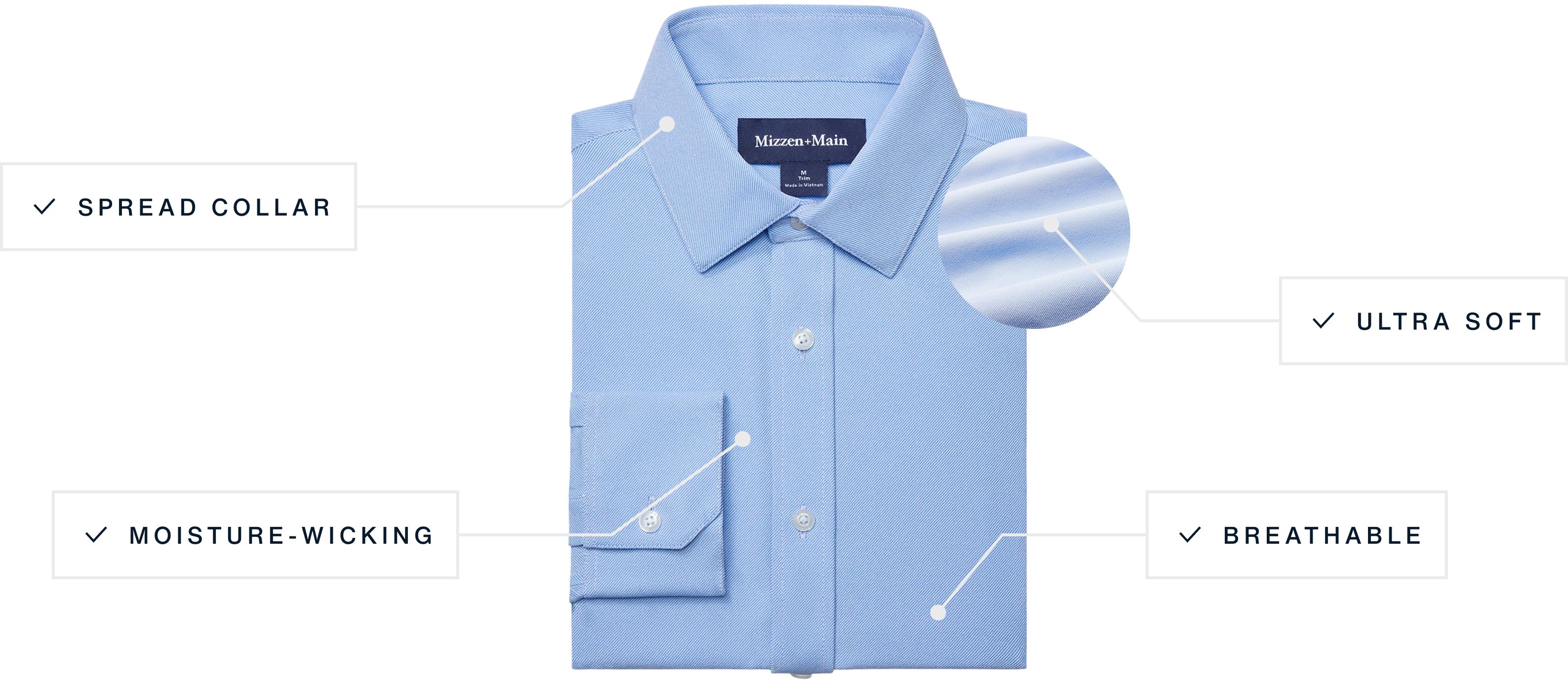 A flat lay of our Bateman Dress Shirt highlighting its Spread Collar, Moisture Wicking, Ultra Soft and Breathable features.