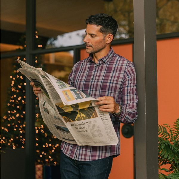 A model, wearing Mizzen+Main clothing.