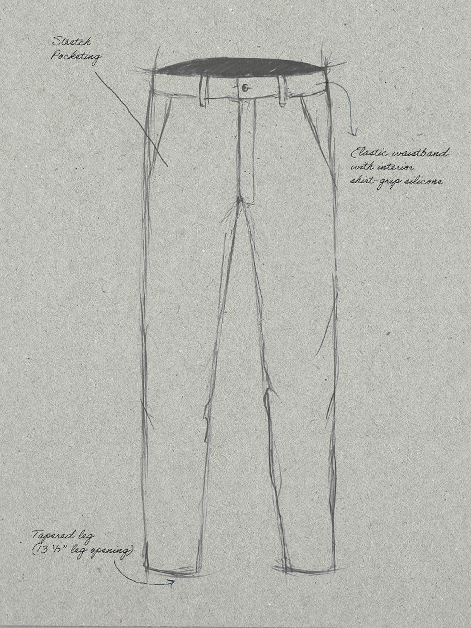 Technical pencil sketch of men's trousers on textured paper with annotations for "Stretch Pocketing", "Elastic waistband with interior shirt-grip silicone", and "Tapered leg (13 ½" leg opening)".