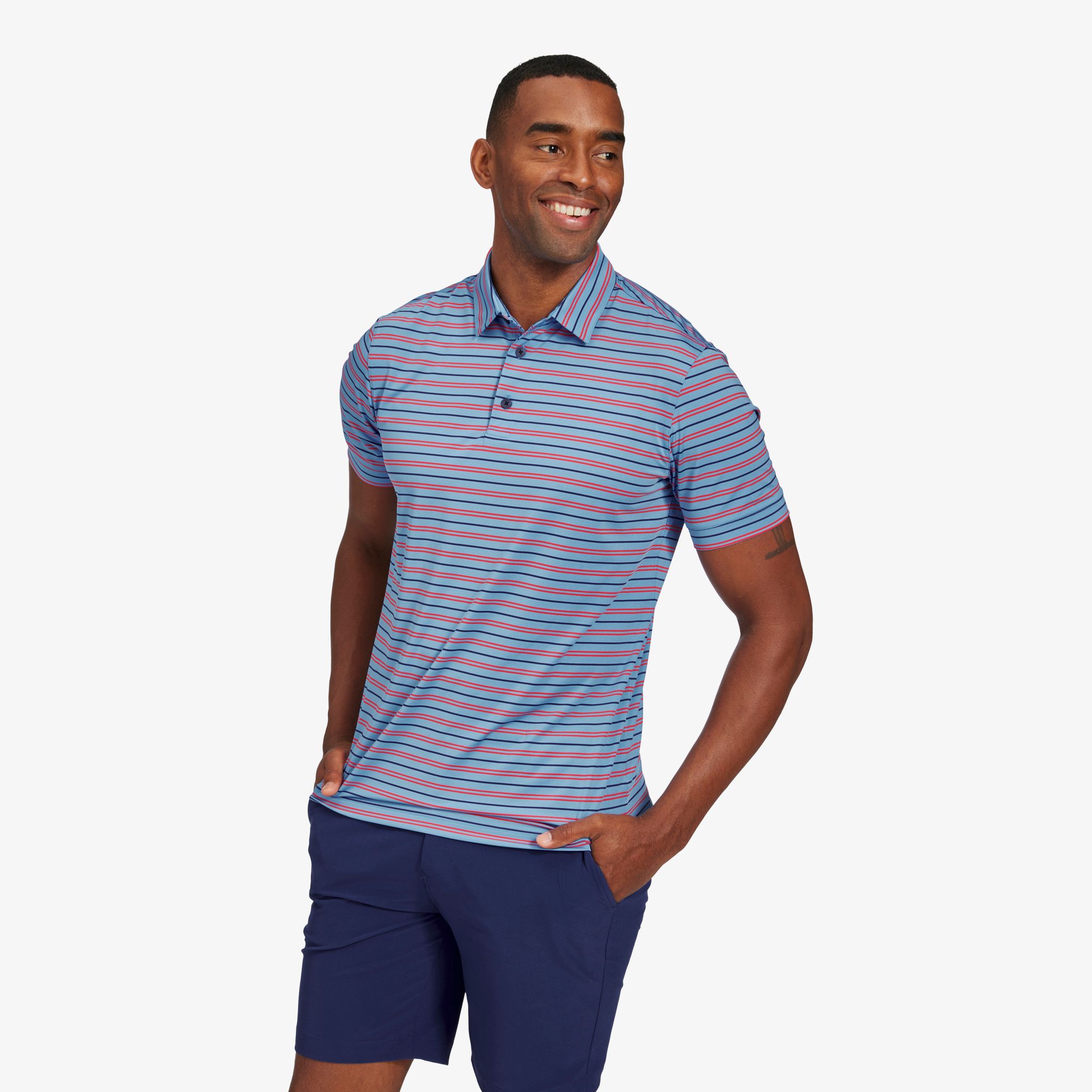 Blue and red shop striped polo shirt