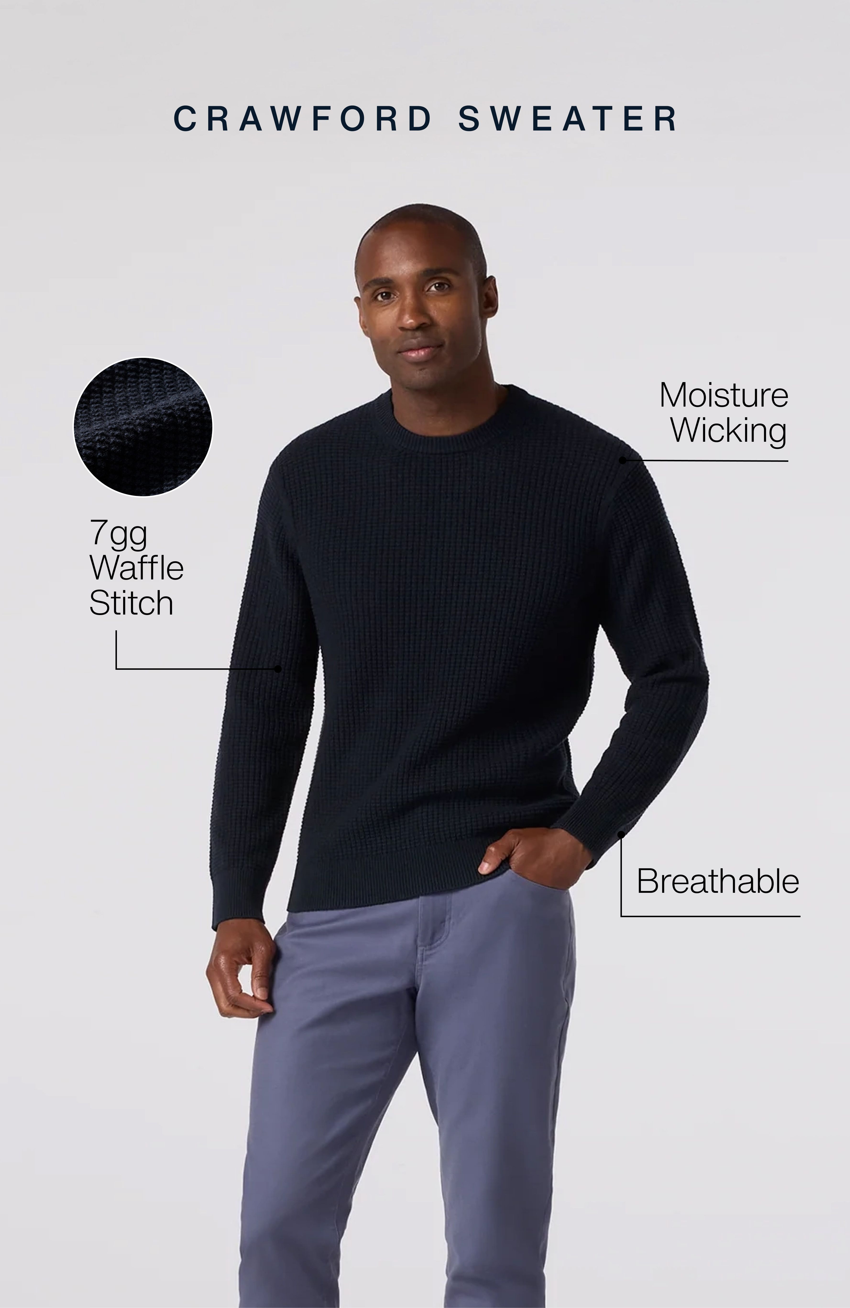 Crawford Sweater- 7gg waffle stitch, Moisture wicking, Breathable