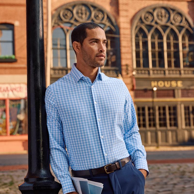 best fitting dress shirts Slim Fit Blue Fine Line Stripe Non-Iron Men's Shirt Wilkes & Riley, LLC back yoke with back side pleats and break How Many Dress Shirts Do