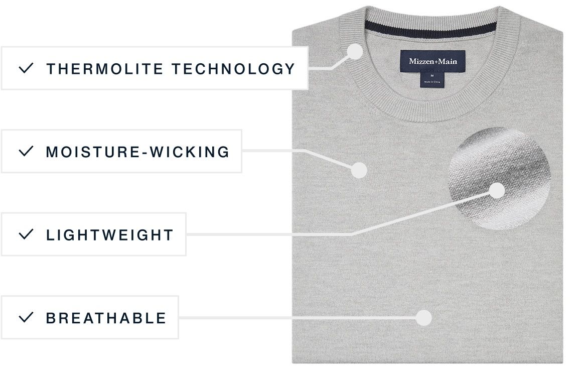 A flat lay of our Heritage Crewneck highlighting it's Thermolie Technology, Moisture Wicking, Breathable and Lightweight features.