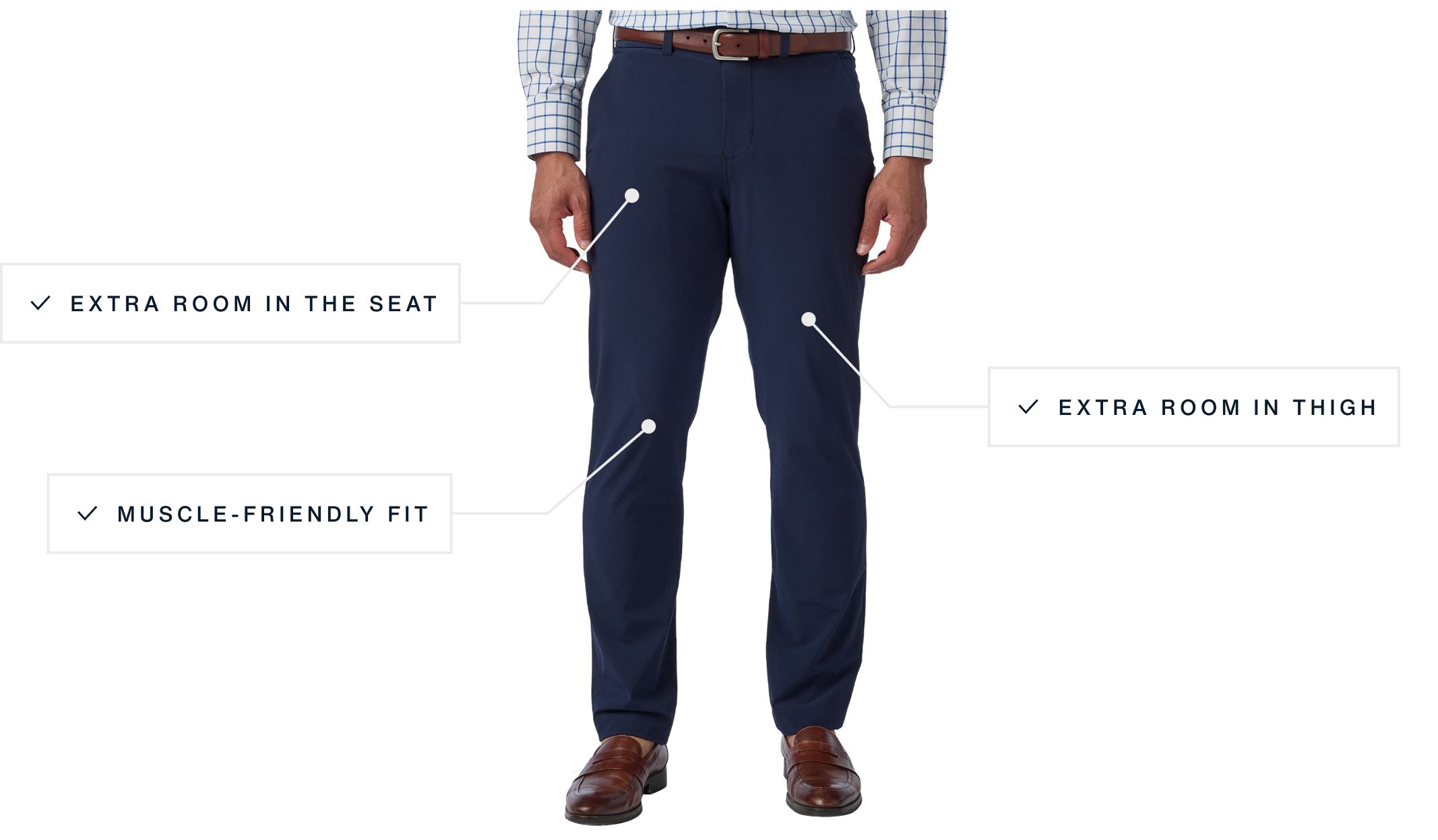 A flat lay of our Ashe The Helmsman Chino Athletic Fit highlighting its features.