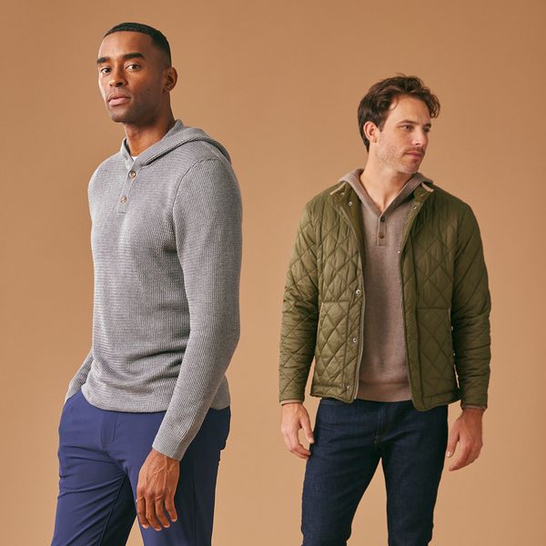 A model, wearing Mizzen+Main clothing.