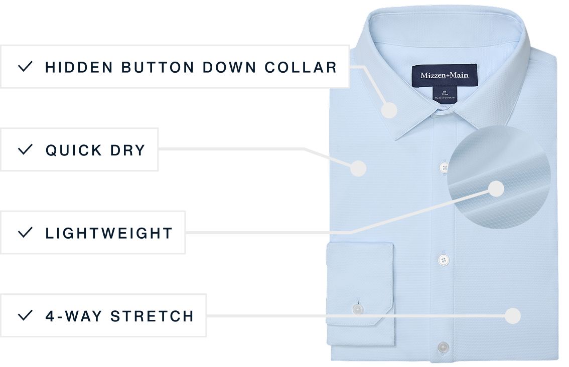 A flat lay of our Halyard Dress Shirt highlighting its Hidden Button Down Collar, Quick Dry, Lightweight Fabric and Four Way Stretch features.