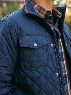 A close-up shot of a navy blue quilted jacket with snap flap pockets, layered over a plaid button-down shirt.