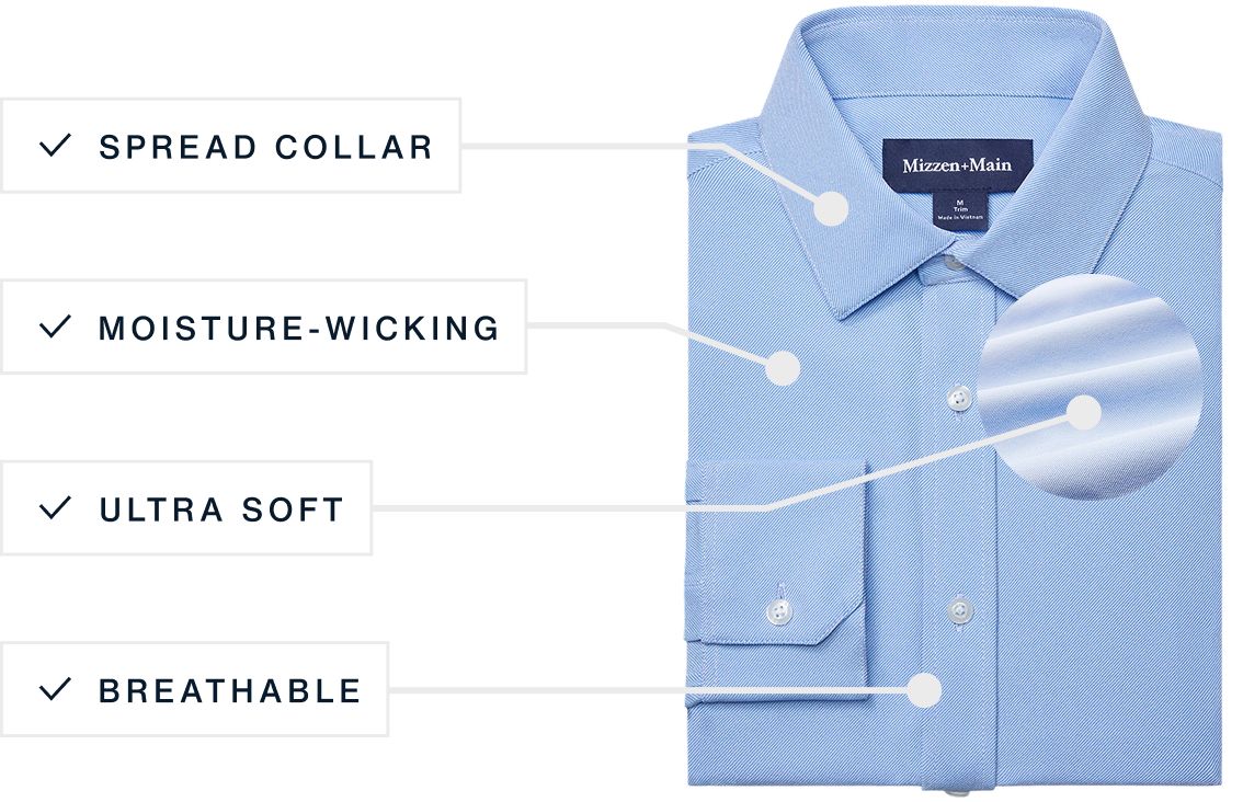A flat lay of our Bateman Dress Shirt highlighting its Spread Collar, Moisture Wicking, Ultra Soft and Breathable features.