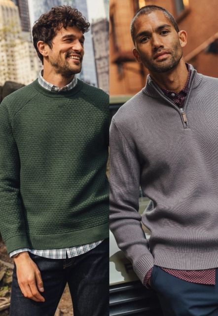 Two men in Hillcrest sweaters, one in a green crewneck and one in a gray quarter zip