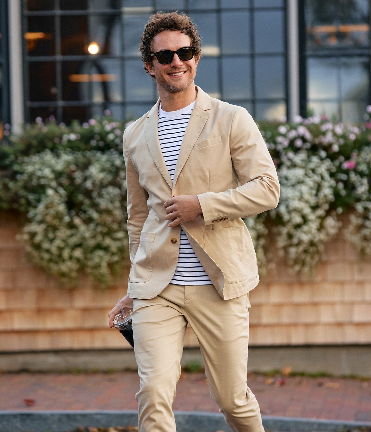 Man outside wearing the Navy Prescott Blazer and Chino.