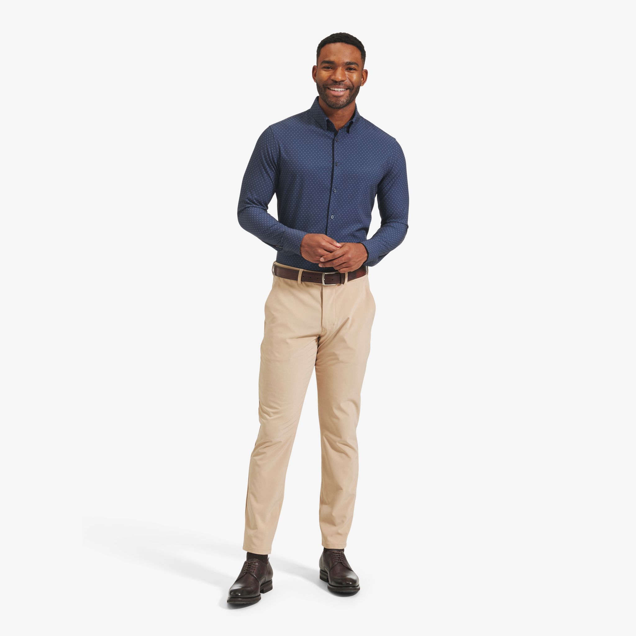 dark blue dress shirt khaki pants