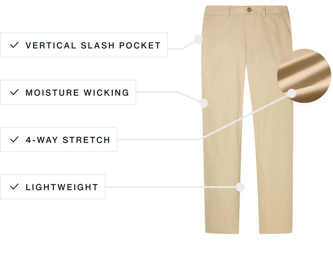 A flat lay of our Ashe The Prescott Chino Pant highlighting its features.