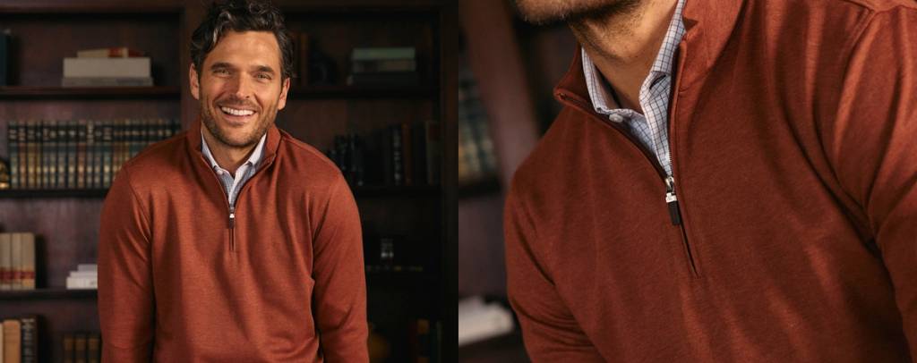 plit image featuring a smiling man wearing a rust-orange quarter-zip sweater over a check shirt, shown in a wide bookshelf setting and a close-up detail shot.