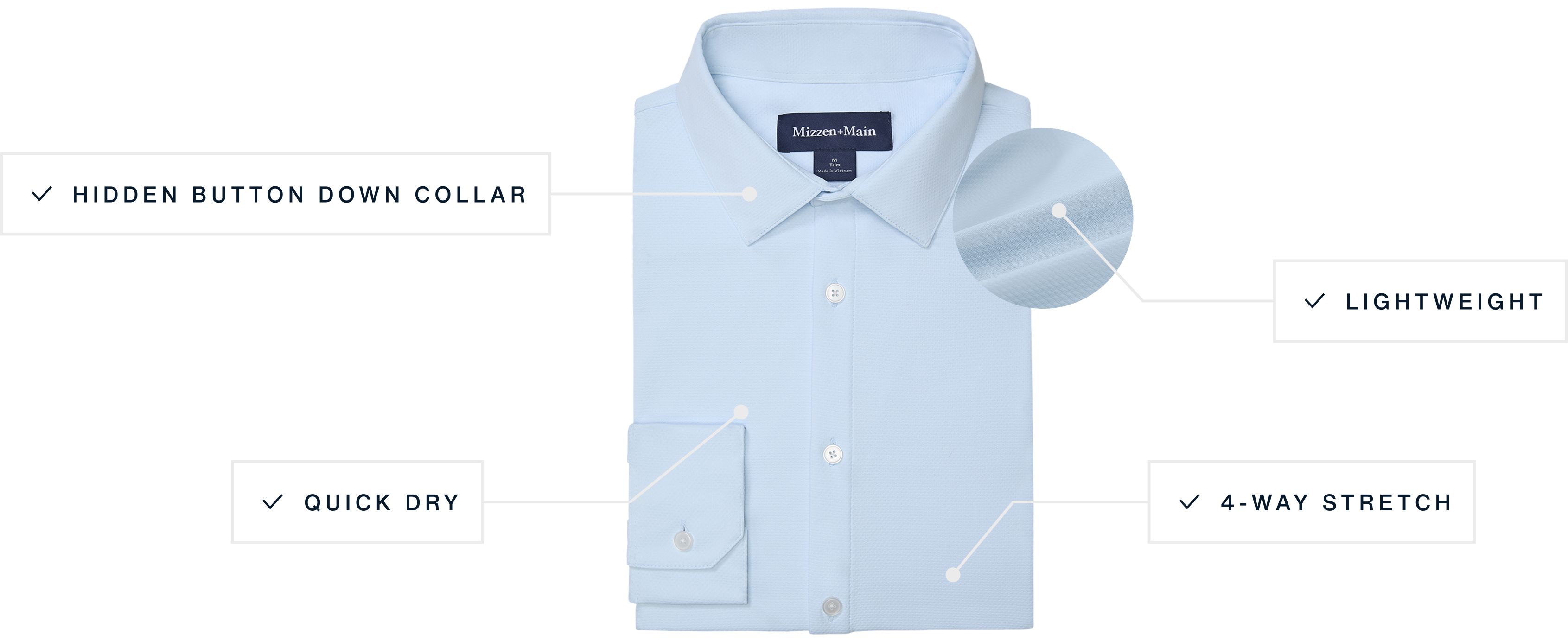 A flat lay of our Halyard Dress Shirt highlighting its Hidden Button Down Collar, Quick Dry, Lightweight Fabric and Four Way Stretch features.