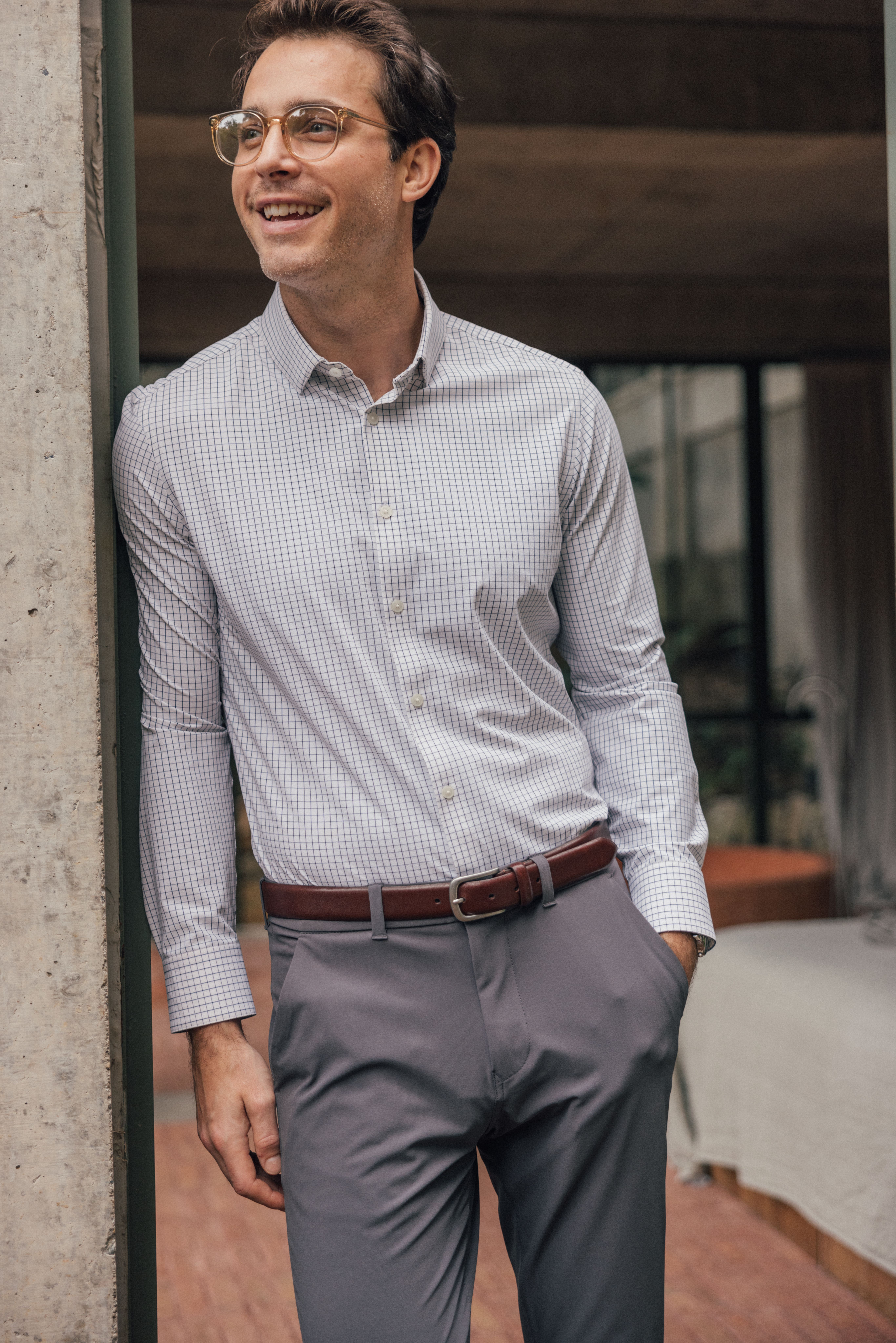 Leeward Dress Shirt White Navy Mini Grid