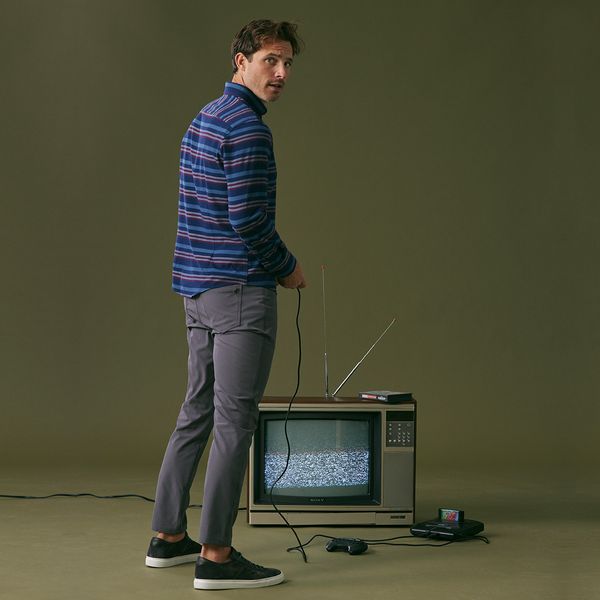 A model, wearing Mizzen+Main clothing.