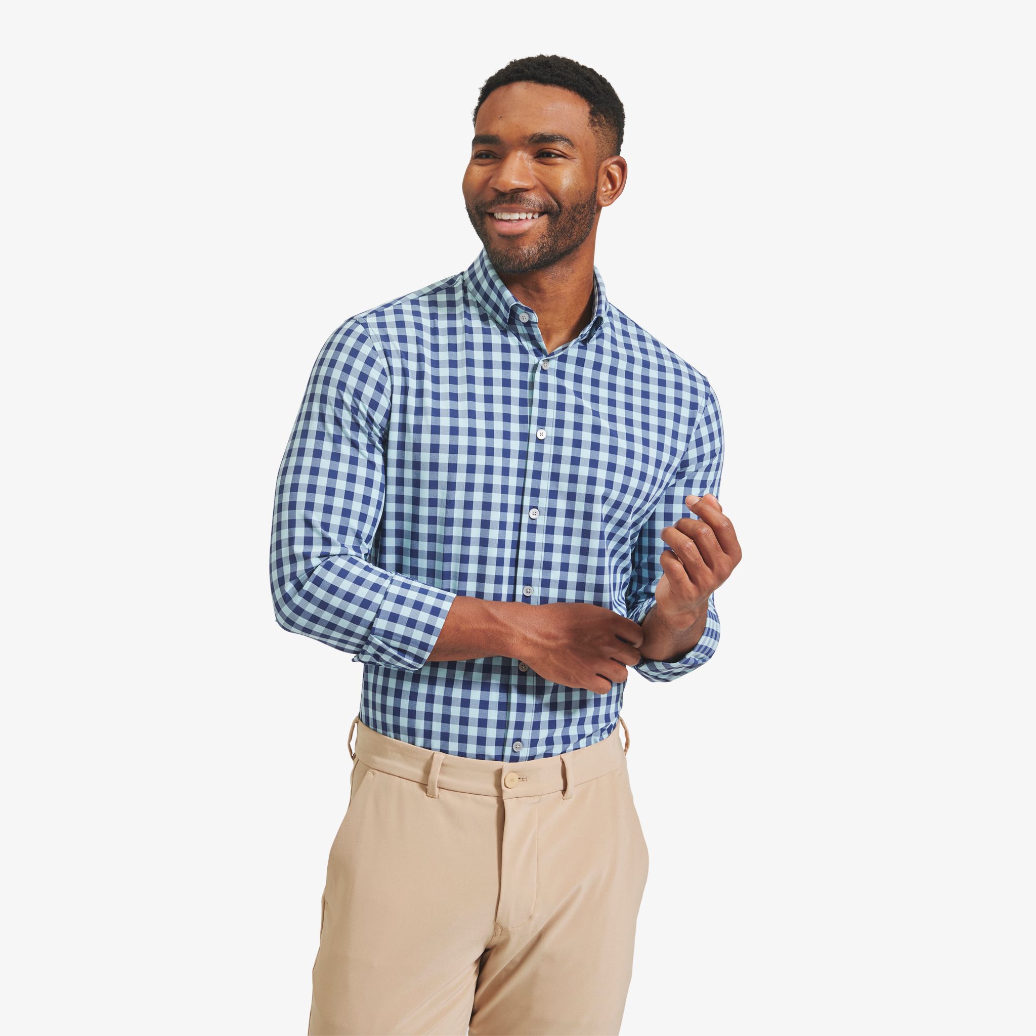 navy pants blue checkered shirt