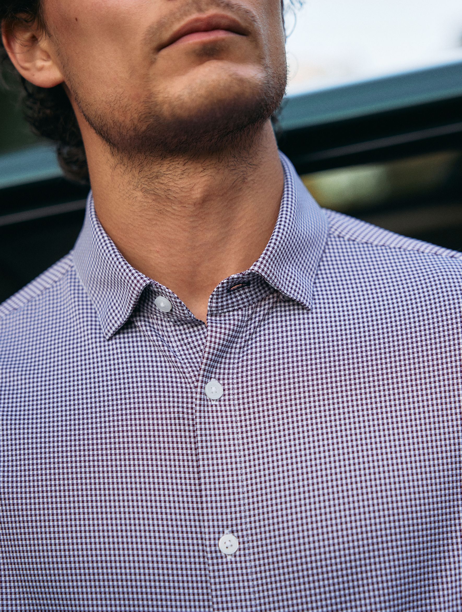 A close-up shot focusing on the collar and pattern of a purple and white micro-check button-down shirt.