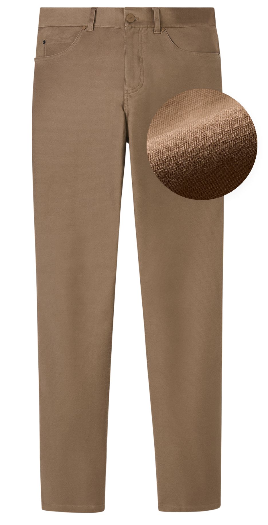 A flat lay of the Mocha Mayfield Pant with a circular inset showing a closeup of the fabric.