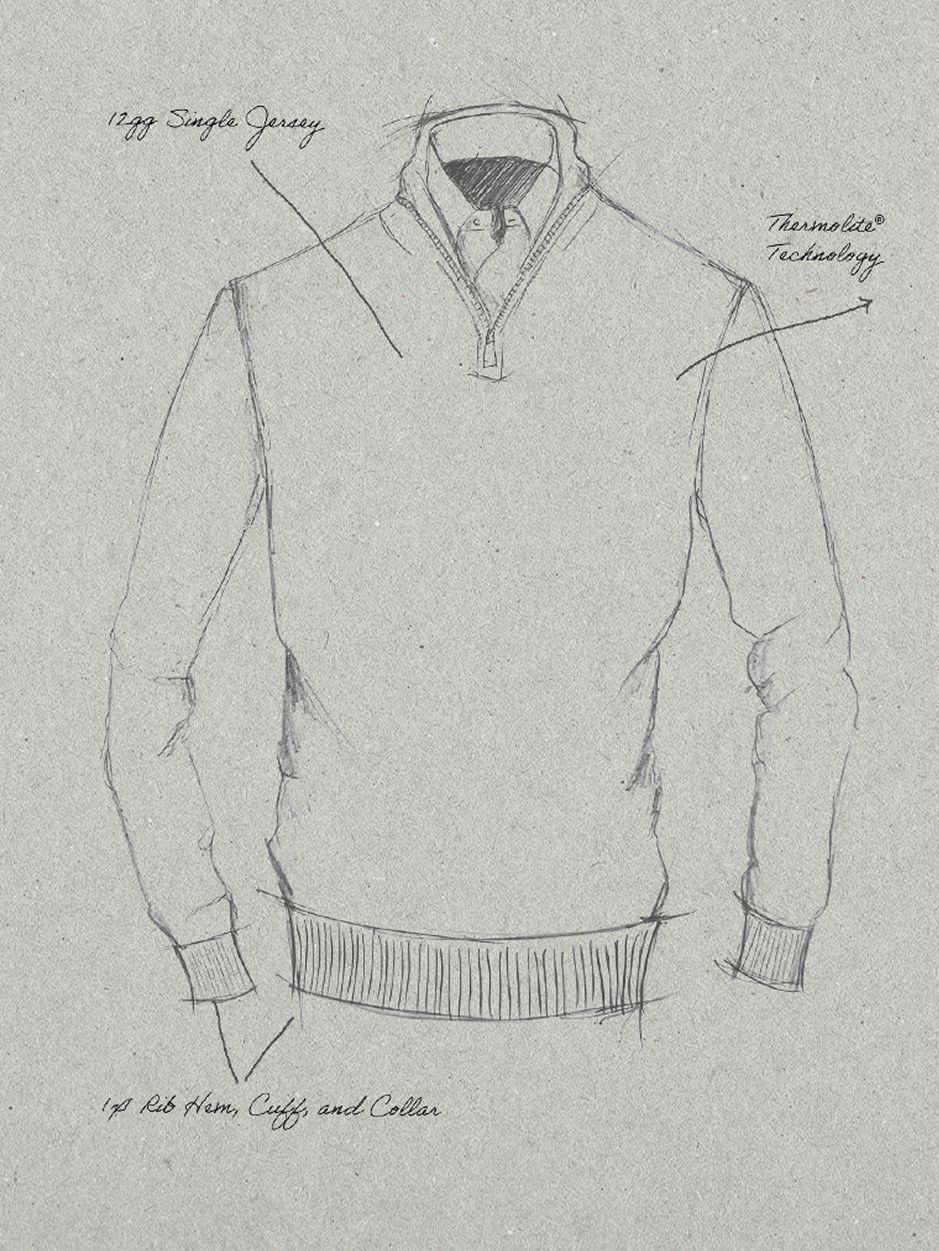 A technical pencil sketch of a long-sleeve quarter-zip sweater on textured paper, complete with handwritten specification notes.