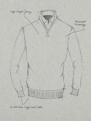 A technical pencil sketch of a long-sleeve quarter-zip sweater on textured paper, complete with handwritten specification notes.