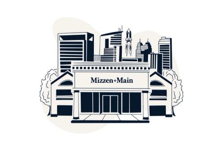 Illustration of the Mizzen+Main Rice Village storefront with the Houston skyline