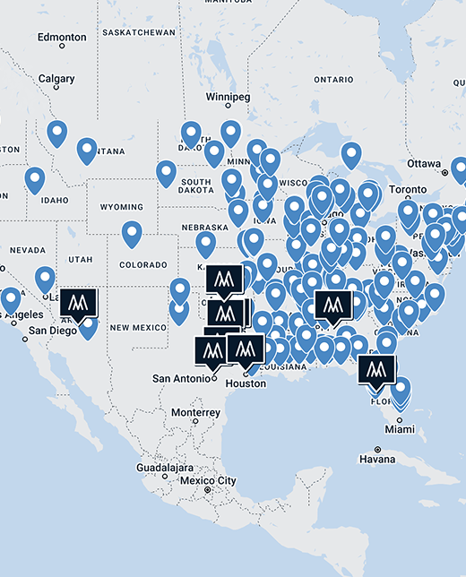 A map of the United States dotted with dozens of pins marking Mizzen+Main retail locations and wholesale partners.