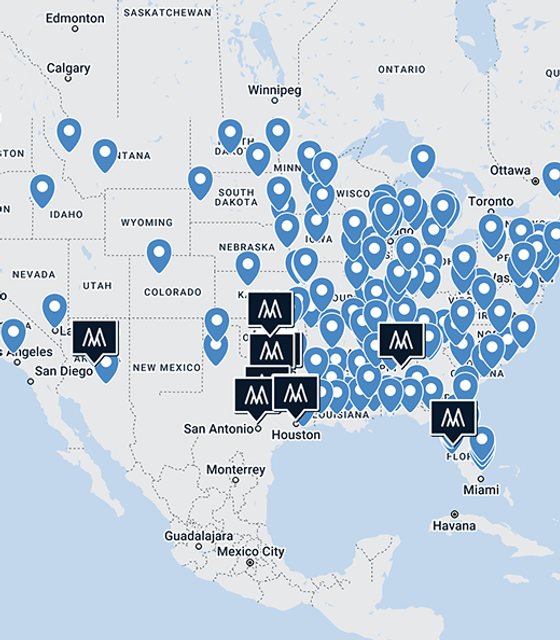 A map of the United States dotted with dozens of pins marking Mizzen+Main retail locations and wholesale partners.