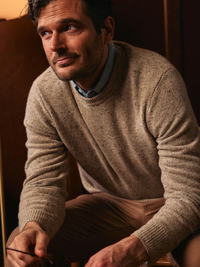 A man wearing a tan speckled crewneck sweater over a light blue collared shirt sitting indoors.