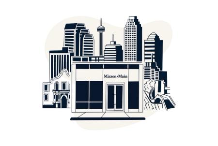 Illustration of the Mizzen+Main La Cantera storefront with the San Antonio skyline and the Alamo