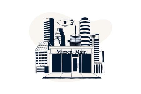 Illustration of the Mizzen+Main storefront with the Houston skyline and a blimp
