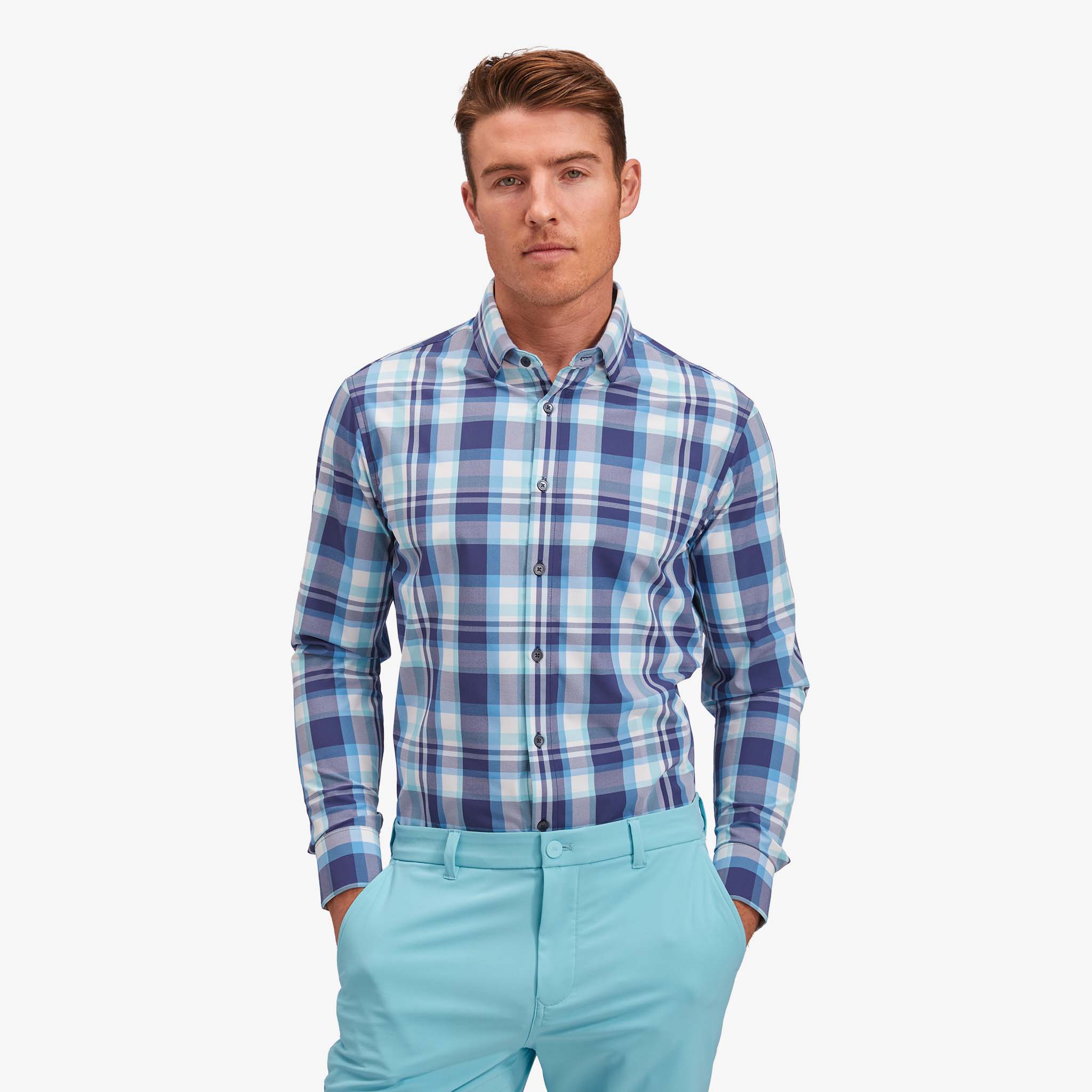 Leeward Dress Shirt - Navy Aqua Multi Large Plaid