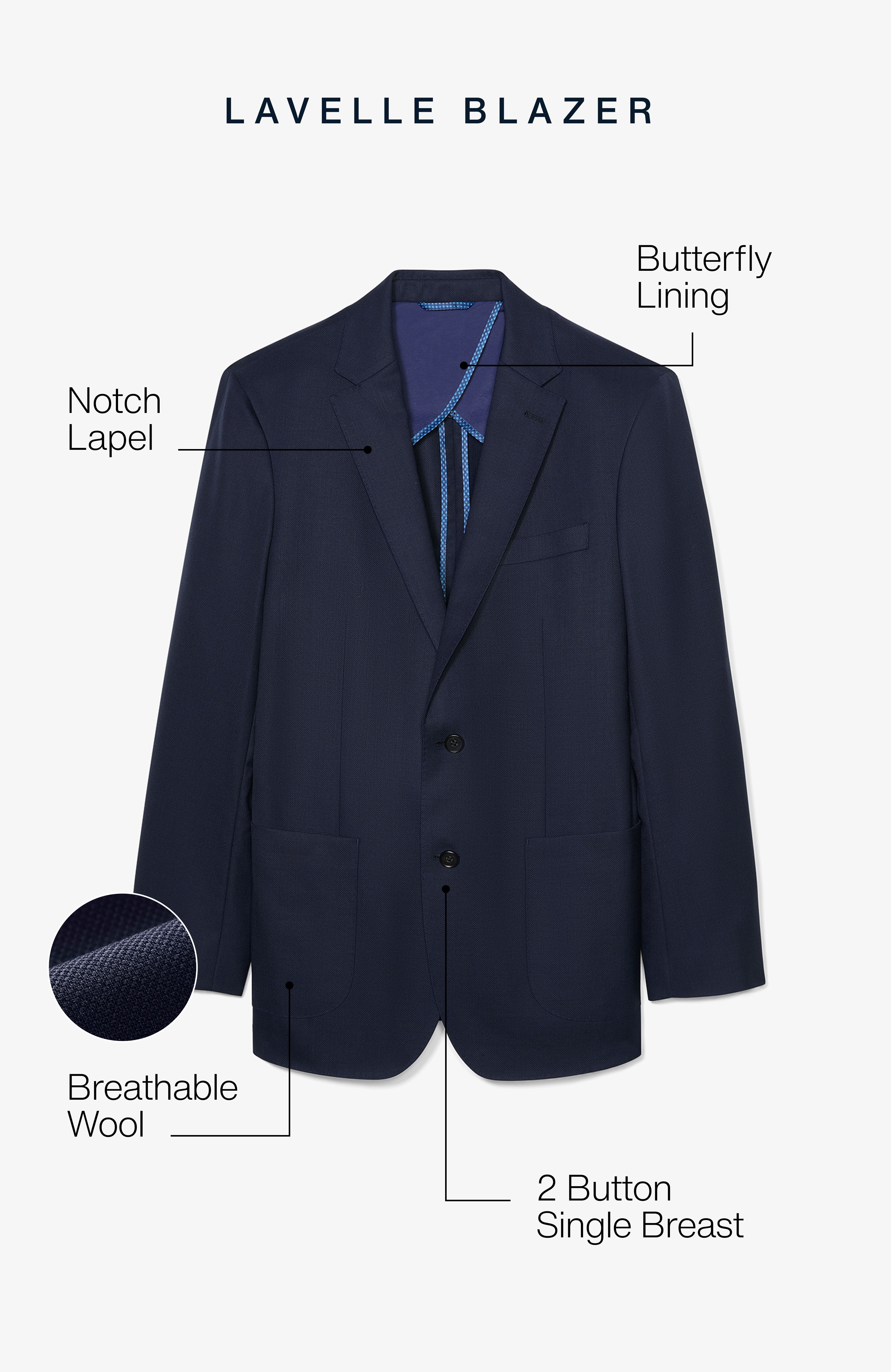 Lavelle Blazer- Notch lapel, Butterfly lining, Breathable wool, 2 button single breast