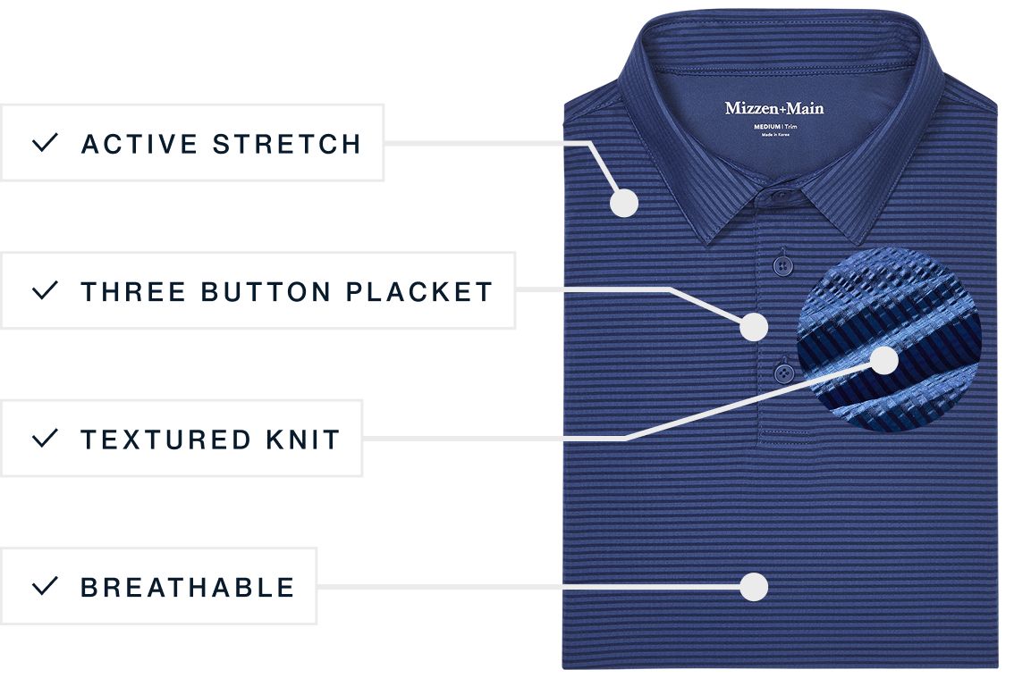 A flat lay of our Copa Polo highlighting its Active Stretch, Three Button Placket, Textured Knit and Breathable features.