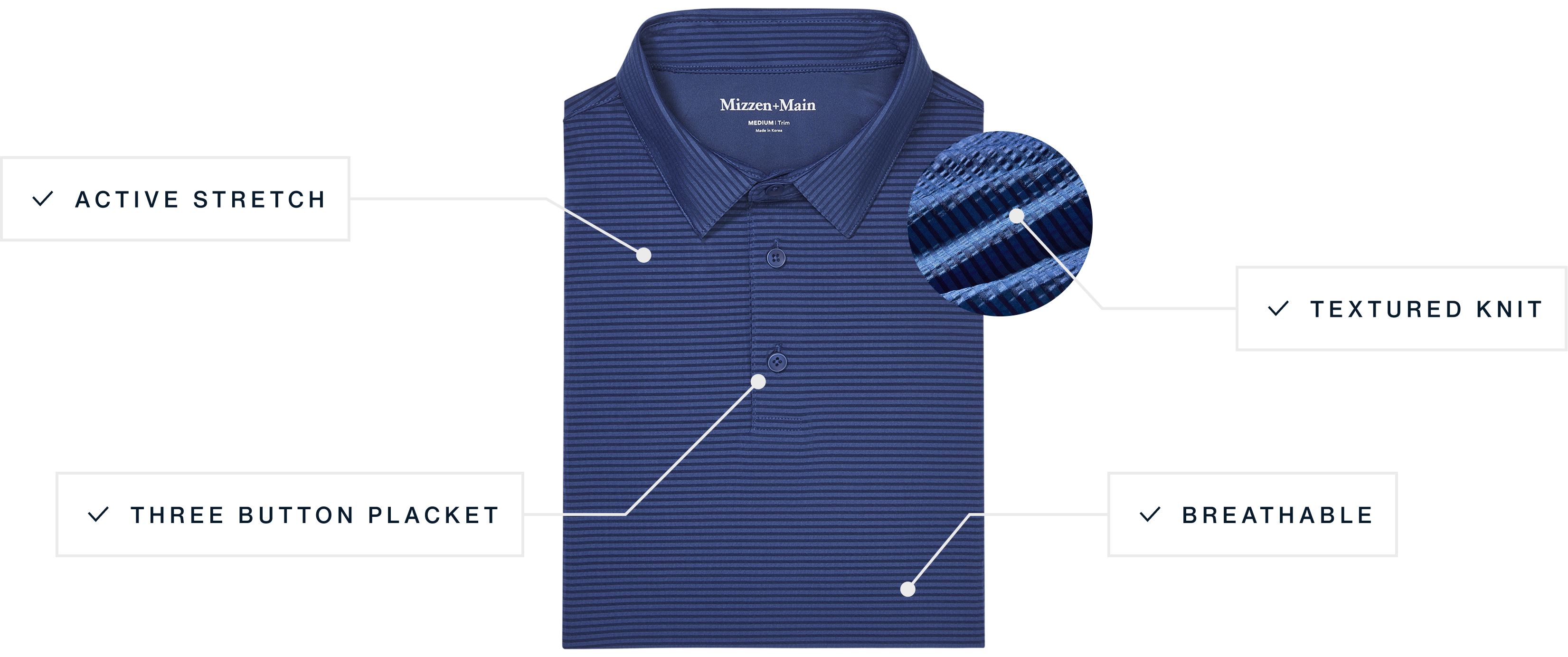 A flat lay of our Copa Polo highlighting its Active Stretch, Three Button Placket, Textured Knit and Breathable features.