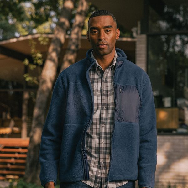 A model, wearing Mizzen+Main clothing.