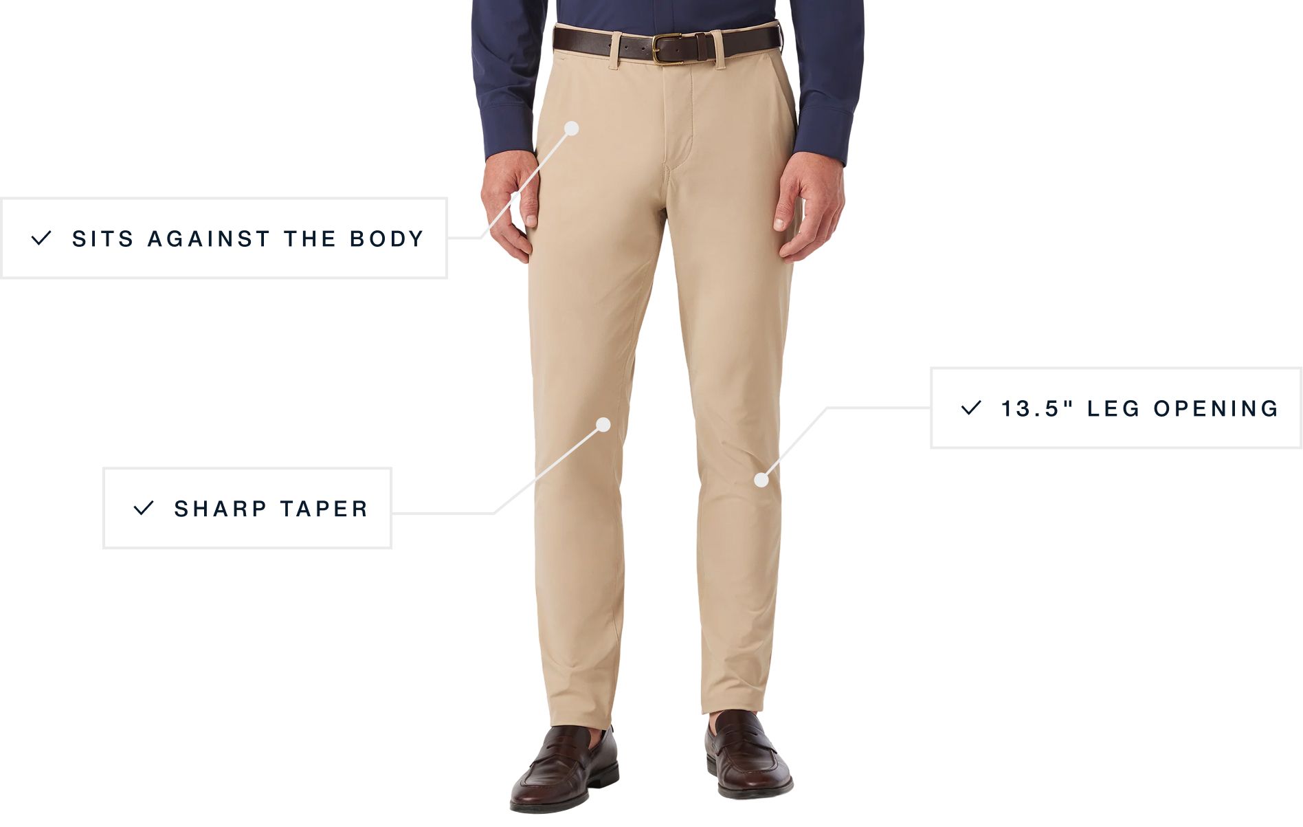 A flat lay of our Ashe The Helmsman Chino highlighting its features.