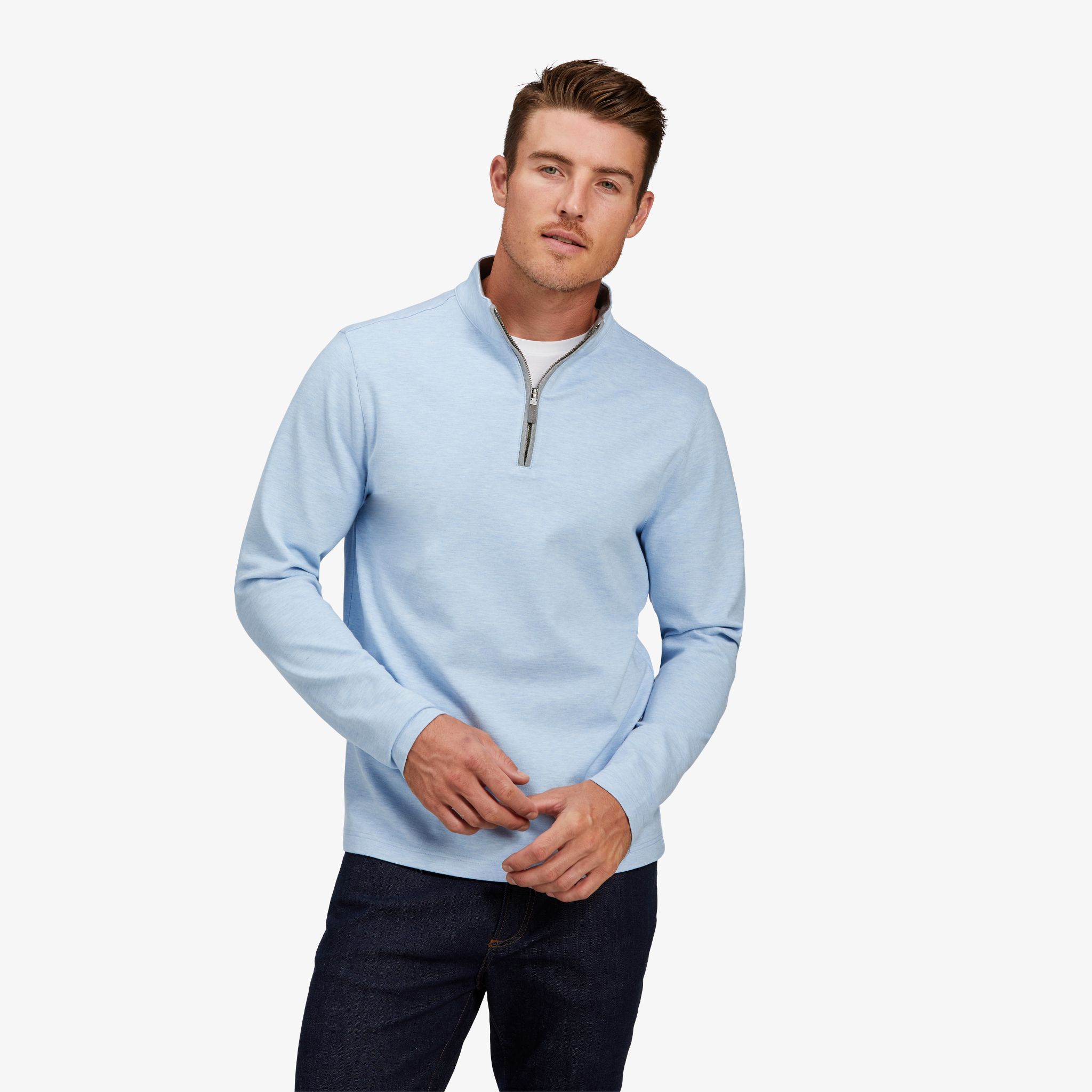 Light blue quarter zip sweater on sale