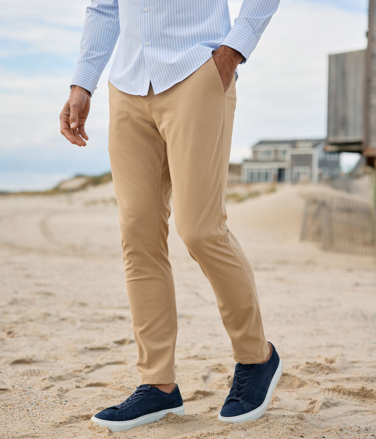 Man outside wearing the Khaki Helmsman Chino.